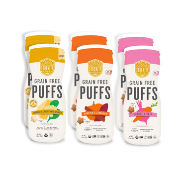 Serenity Kids 6+ Months Grain Free Puffs Toddler & Baby Snack | No Added Sugar, Gluten & Rice Free, Allergen Free | Made with Organic Cassava, Veggies, and Herbs | Puffs Variety Pack | 6 Count