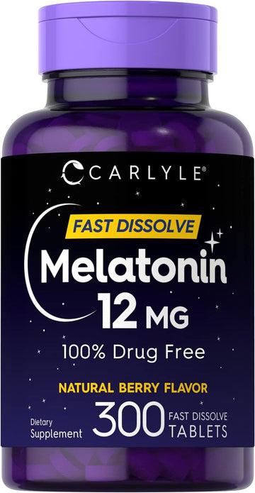 Carlyle Melatonin 12 Mg Fast Dissolve 300 Tablets | Drug Free | Natural Berry Flavor | Vegetarian, Non-Gmo, Gluten Free