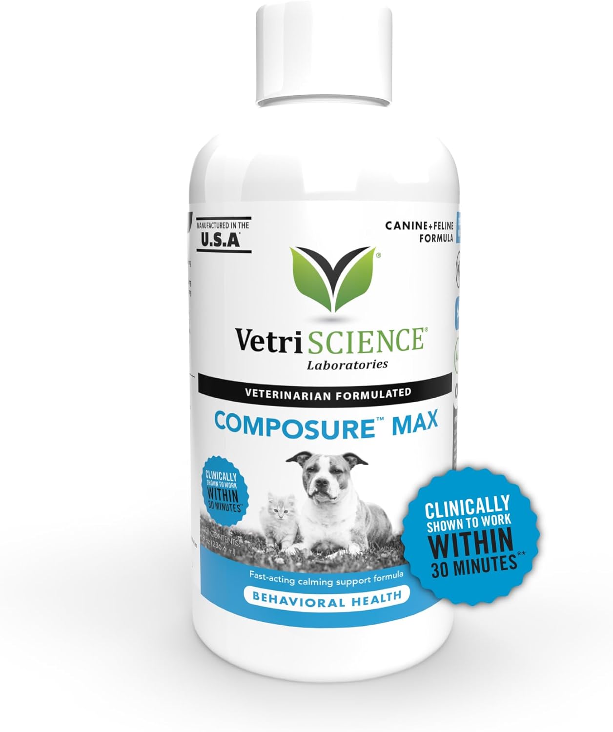 VetriScience Composure Max Liquid Formula - Clinically Proven Dog Calming and Cat Calming Supplement with Colostrum, L-Theanine & Vitamin B1 for Stress, Storms, Separation & More - 8 oz