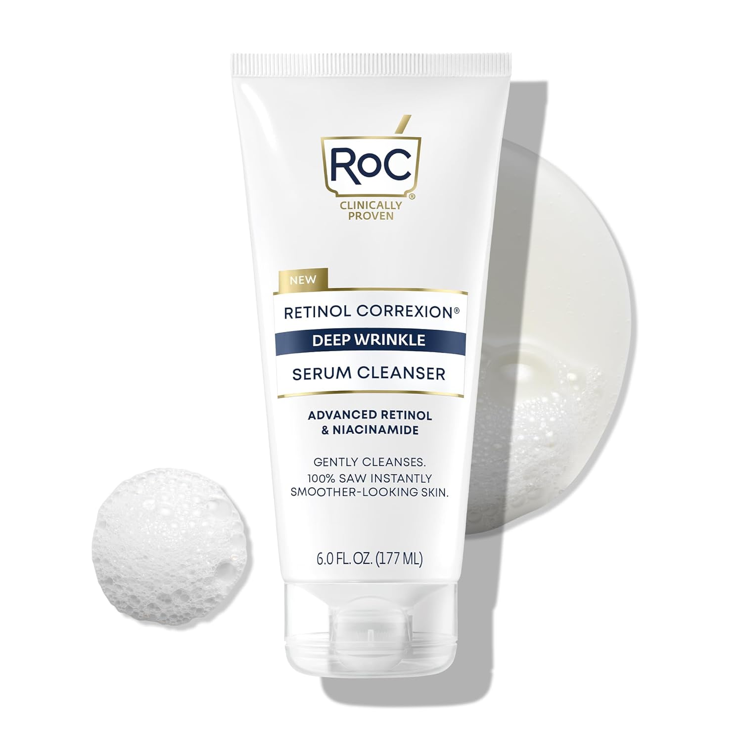 Roc Retinol Correxion Deep Wrinkle Serum Facial Cleanser With Niacinamide For Anti-Aging And Fine Lines, Long-Wear Makeup Remover, Fragrance Free Skin Care, Opthalmologist Tested, 6 Ounces