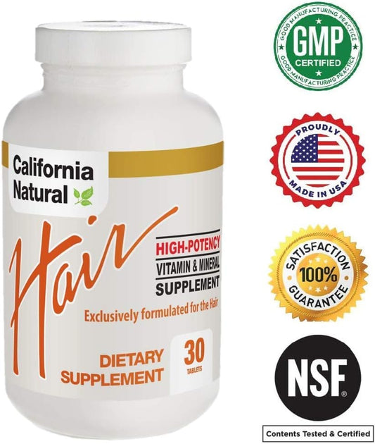 High Potency Hair Vitamin & Mineral Supplement With Biotin - California Natural - Promotes Healthy, Longer And Stronger Hair. - 30 Tablets (Pills)