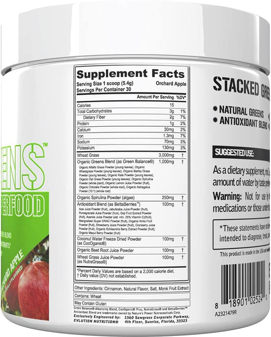 Evlution Nutrition Stacked Greens - Raw Superfood - Made With Natural Greens Blend + Essential Daily Micronutrients - Immunity + Hydration Support - Vegan & Gmo-Free - 30 Servings - Orchard Apple