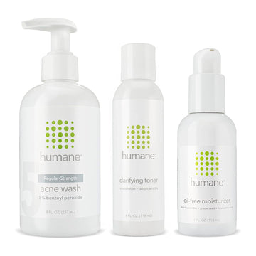 Humane Regular-Strength Acne Wash, Clarifying Toner And Oil-Free Moisturizer Bundle - 5% Benzoyl Peroxide Acne Treatment