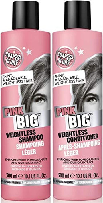 (Pack of 2) Soap & Glory PINK BIG Weightless Shampoo x 300ml & Soap & Glory PINK BIG Weightless Conditioner x 300ml FLAT LIFELESS HAIR, COLOUR FRIENDLY