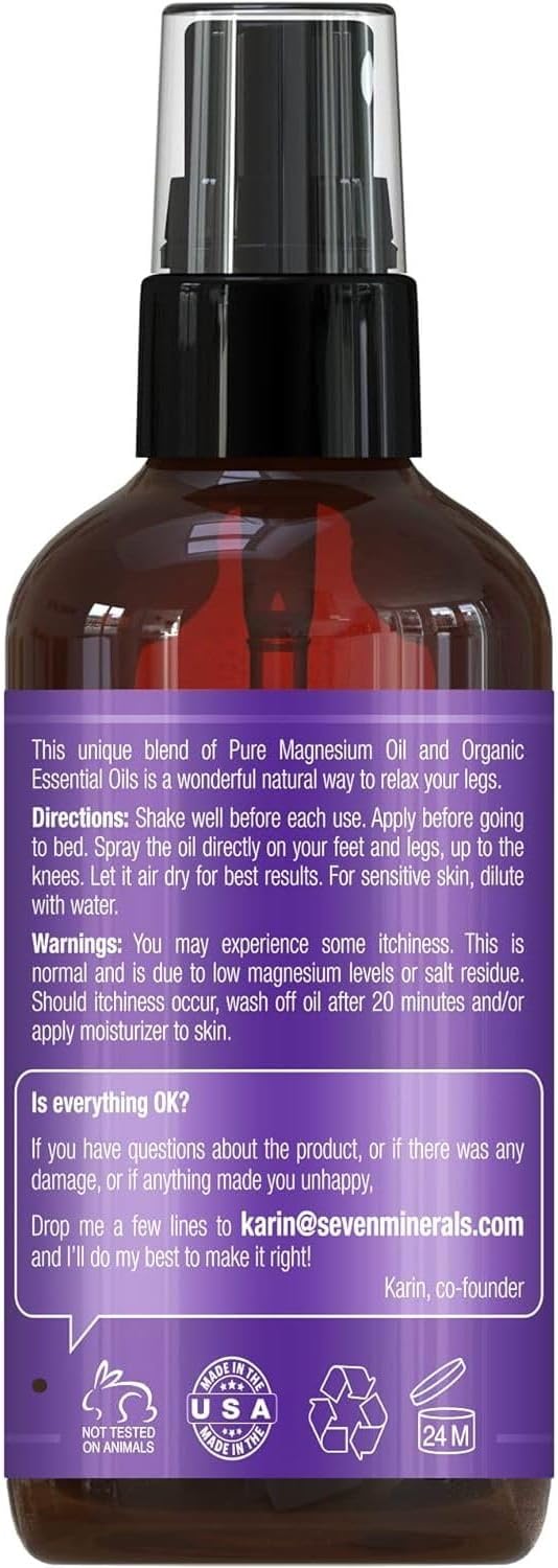 Seven Minerals Relaxing Leg Magnesium Spray, Powerful Organic Blend of Essential Oils (Orange, Cedarwood, & Laavender), That Calms Legs Naturally. 4 fl oz, : Health & Household