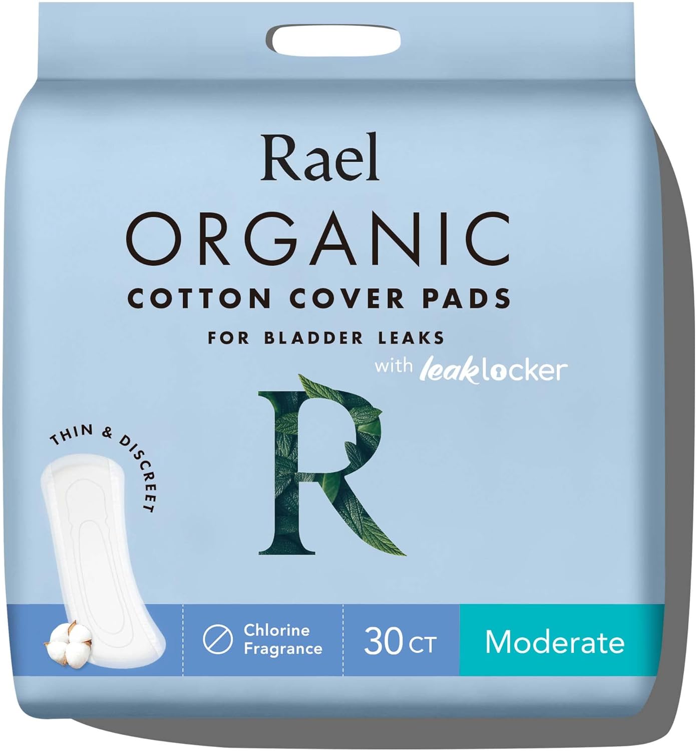 Rael Incontinence Pads for Women, Organic Cotton Cover - Postpartum Essential, Heavy Absorbency, Bladder Leak Control, 4 Layer Core with Leak Guard Technology, Long Length (Moderate, 30 Count)