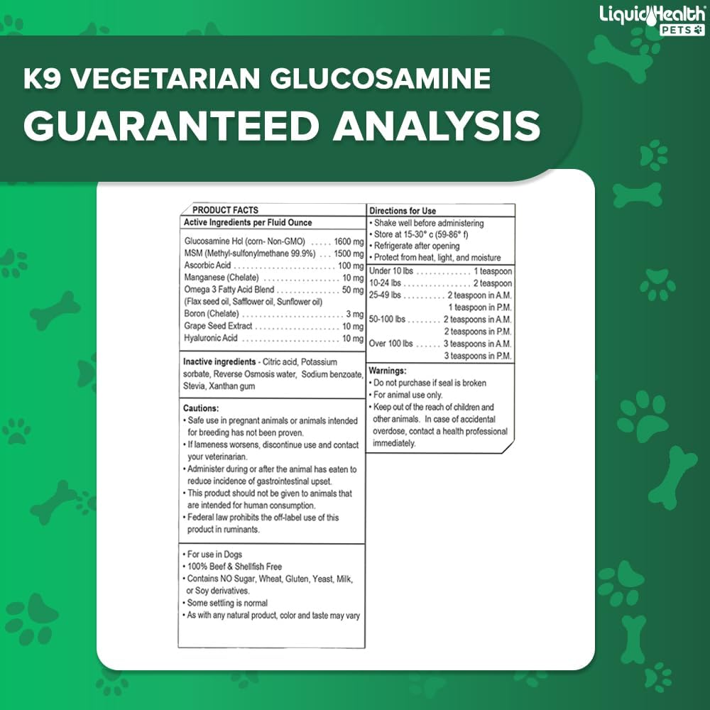 LIQUIDHEALTH 128 Oz K9 Vegetarian Liquid Glucosamine for All Dogs Canines - Chondroitin, MSM, Omega 3, Anti Oxidants Hyaluronic Acid – Joint Health, Dog Vitamins Hip Joint Juice, Joint Oil - 1 Gallon : Pet Supplies