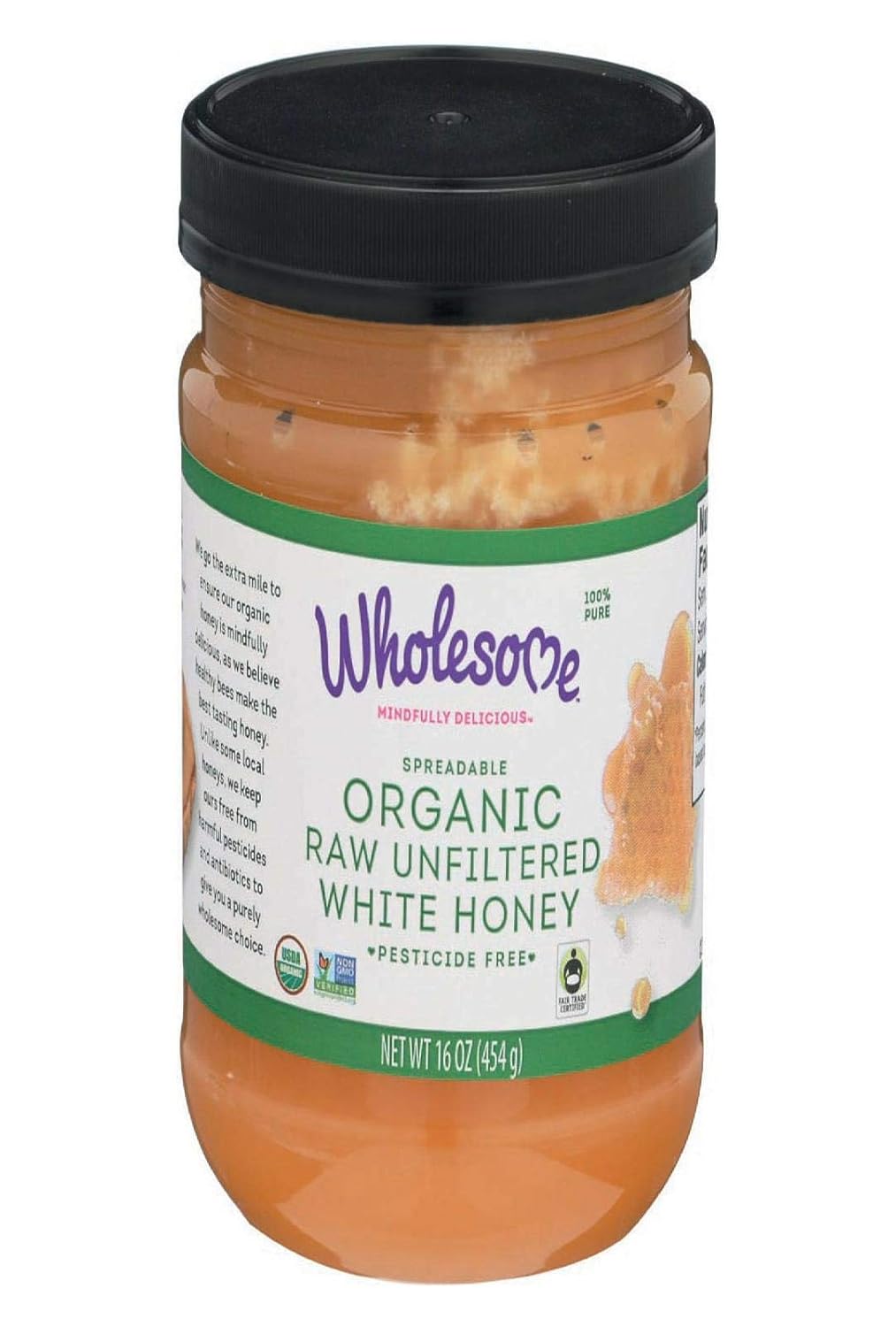 Wholesome Organic Raw Unfiltered White Honey, Pesticide Free, Fair Trade, Non Glyphosate, Non Gmo & Gluten Free, Spreadable, 16 Oz Jar (Pack Of 1)