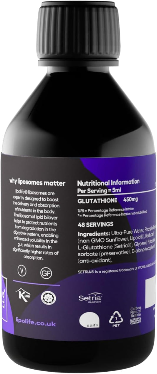 Liposomal Glutathione - Superior Absorption For Increased Bioavailability. Setria Glutathione In Liquid Liposomal Supplement. Lipolife Llg4. 48 Servings. Made In Uk