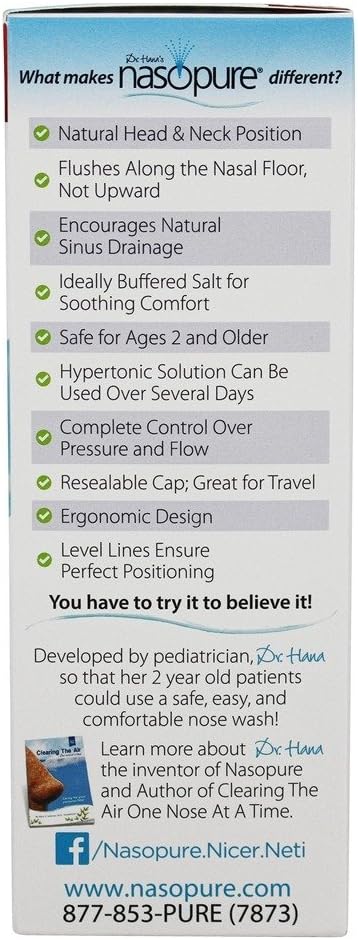 Nasopure Nasal Wash, Sampler Kit, “The Nicer Neti Pot” Sinus Wash Kit, Comfortable Nasal Rinse 8 Oz Bottle & 4 Salt Packets (3.75 Grams Each), Nasal Congestion, Cold, Flu, Allergy, Nasal Irrigation : Health & Household
