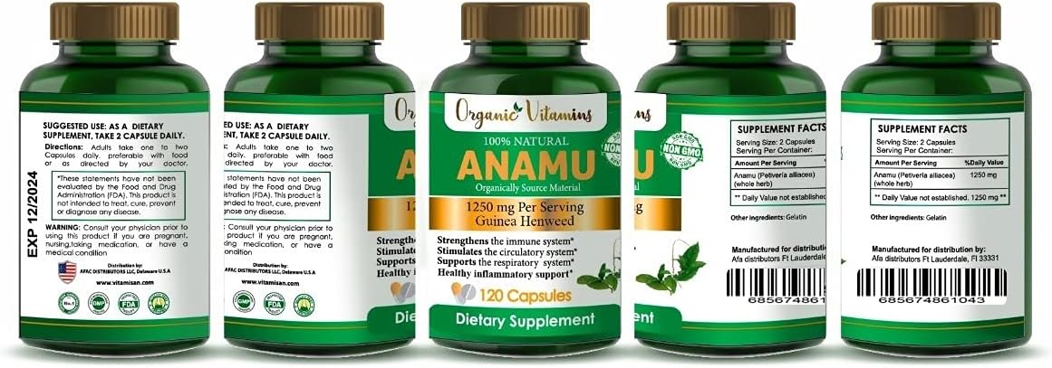 Organic Vitamins Anamu 1250mg 100% Organically Grown 240 Capsules Total Petiveria Allicea Vitamisan : Health & Household