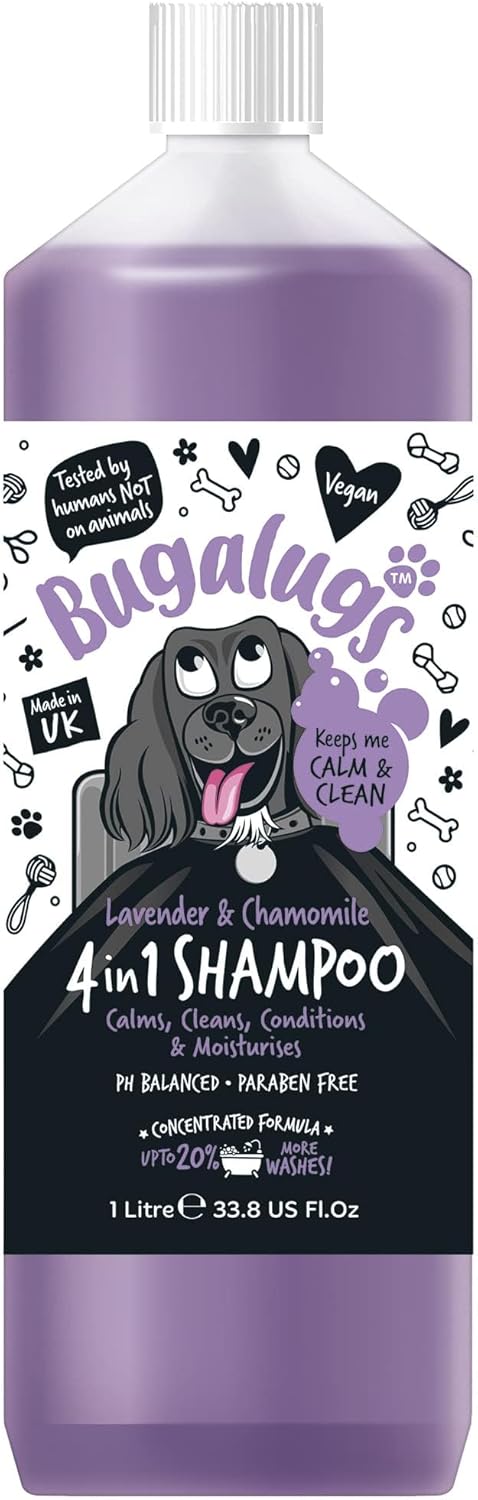 Dog Shampoo by Bugalugs lavender & chamomile 4 in 1 dog grooming shampoo products for smelly dogs with fragrance, best puppy shampoo, professional groom Vegan pet shampoo & conditioner (1 Litre)?BSHLE1L