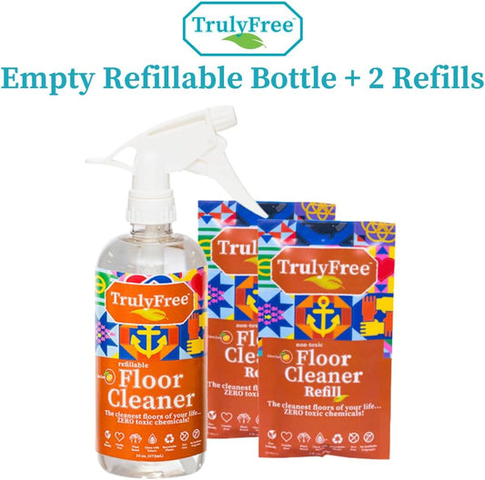 Truly Free Floor Cleaner Kit - Plant-Based Mopping Solution (16Oz Reusable Empty Bottle + Two Pouches, 3Oz Ea.) - Diy All-Surface Cleaner For Hardwood, Tile, Wood & Concrete