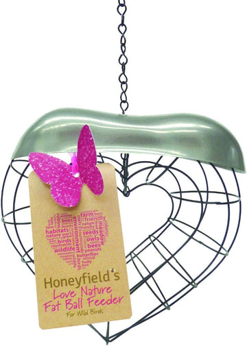 Honeyfields Wild Bird 'Love Nature' Fat Ball Suet Feeder, Heart Shaped, Black metal with a Decorative Stainless Steel lid, Easy to Hang & a great Gift for a Loved one :Garden