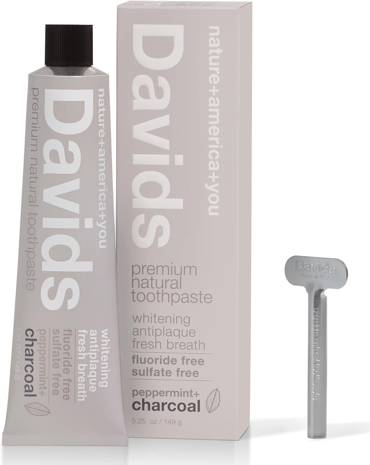 Davids Natural Charcoal Toothpaste for Enhanced Teeth Whitening, Peppermint, Antiplaque, Flouride Free, SLS Free, Enamel Safe, Toothpaste Squeezer Included, Recyclable Metal Tube, 5.25oz