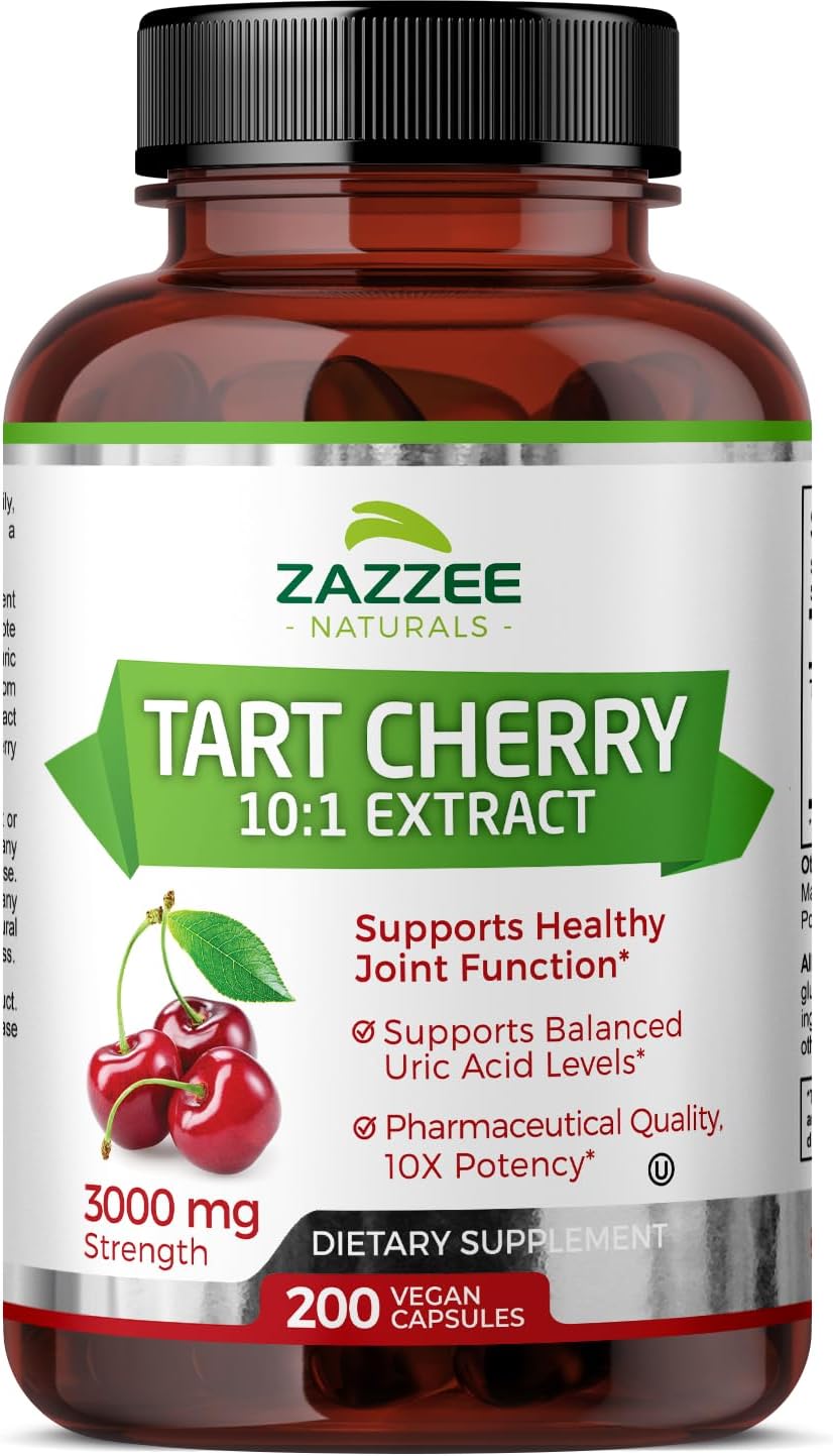 Zazzee Tart Cherry 10:1 Extract, 3000 Mg Strength, 200 Vegan Capsules, 6+ Month Supply, Certified Kosher, Concentrated And Standardized 10X Extract, 100% Vegetarian, All-Natural, Gluten Free, Non-Gmo