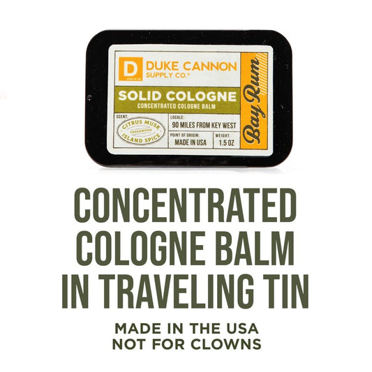 Duke Cannon Supply Co. Solid Cologne For Men Bay Rum (Citrus Musk, Cedarwood, Island Spice) - Concentrated Balm, Travel-Friendly Convenient Tin, Made With Natural & Organic Ingredients 1.5 Oz (1 Unit)