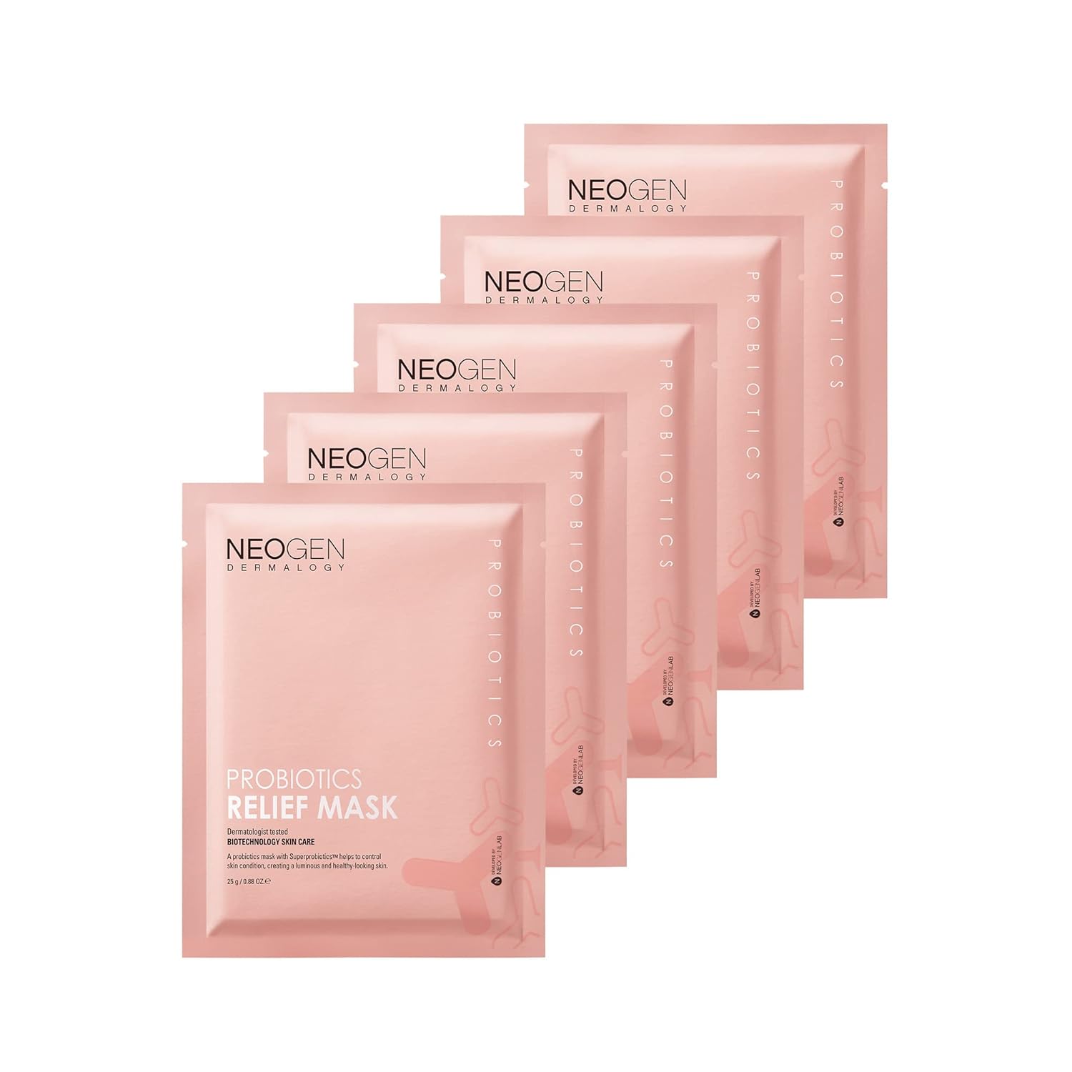 Dermalogy By Neogenlab Probiotics Relief Mask, Pack Of 5 (0.88 Oz / 25G) - Hydrating & Firming Facial Sheet Mask With Probiotics Lactobacillus & Bifida & Collagen - Korean Skin Care