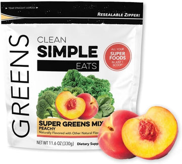 Clean Simple Eats Peachy Greens Powder Mix, Greens Superfood Powder Smoothie & Juice Mix, Gluten Free, Includes Powerhouse Superfoods Chlorella & Spirulina Powder Organic (30 Servings)