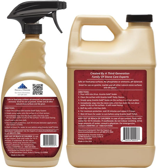 Granite Gold Water-Based Sealer Spray Protection for Granite, Marble, Travertine, Natural Stone Countertops, 64 Fluid Ounces and 24 Fluid Ounces