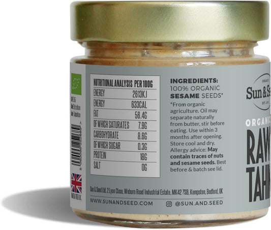 Organic Raw White Sesame Tahini by Sun & Seed - 200g - Made From 100% Organic Sesame Seeds - Healthy Tahini Paste - Vegan - Gluten, Dairy & Soy Free