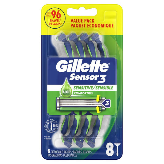 Gillette Sensor3 Sensitive Disposable Razors For Men, Enhanced Lubrastrip Glides Easily Over Your Skin, 8 Count (Pack Of 2)