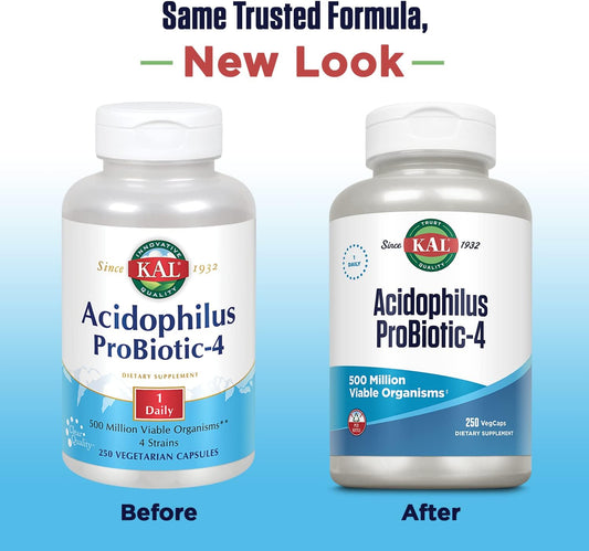 Kal Acidophilus Probiotic-4, 500 Million Cfus, Four Probiotic Strains, Probiotics For Women And Men, Freeze Dried, L. Acidophilus, L. Bulgaricus, S. Thermophilus, B. Bifidum, 250 Servings, 250 Vegcaps