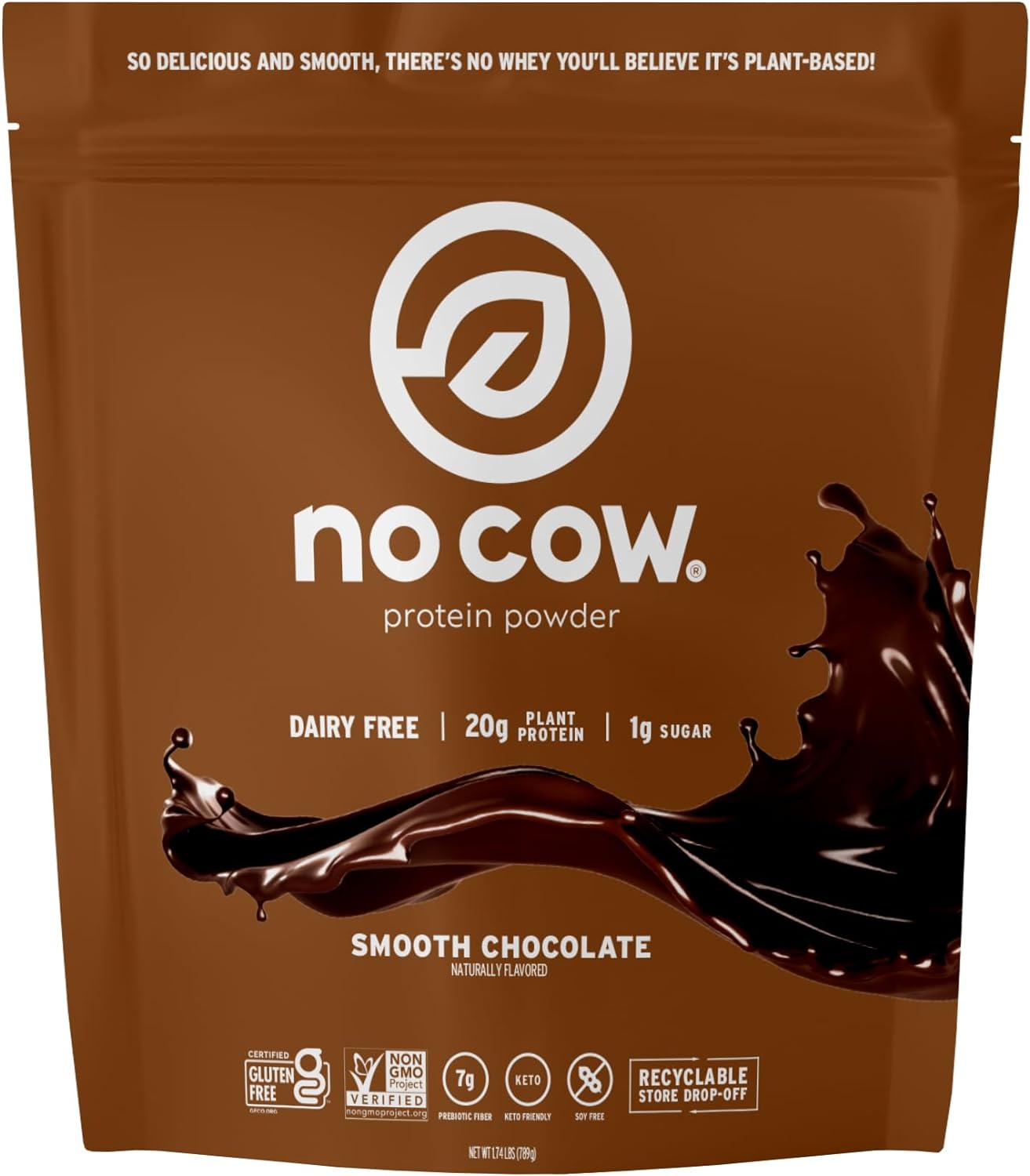 No Cow Vegan Protein Powder, Chocolate, 20g Plant Based Protein, Recyc