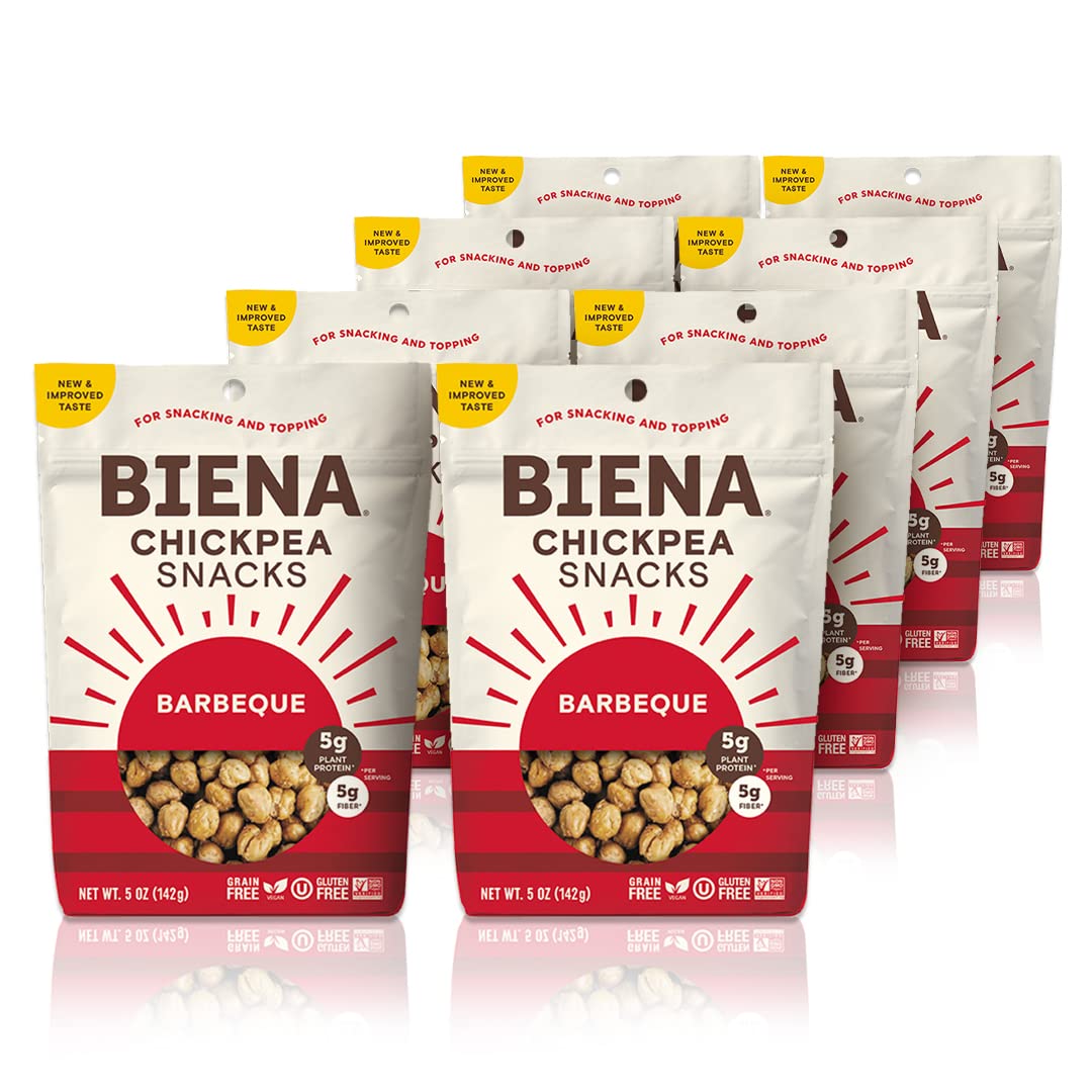 Biena Crispy Roasted Chickpea Snacks, Barbecue, High Protein Snacks, High Fiber Snacks, Gluten Free, Plant-Based, Non-GMO, Healthy Snacks for Adults and Kids, 8-Pack 5 Ounce Bags