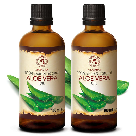 Aromatika Aloe Vera Oil Pure Set 6.8 Fl Oz – 100% Natural - Glass Bottle - Aloe Vera Oil Base Oil - Aloe Barbadensis - Brazil - Refined - Intensive Care For Face - Body - Hair - Hands - Massage