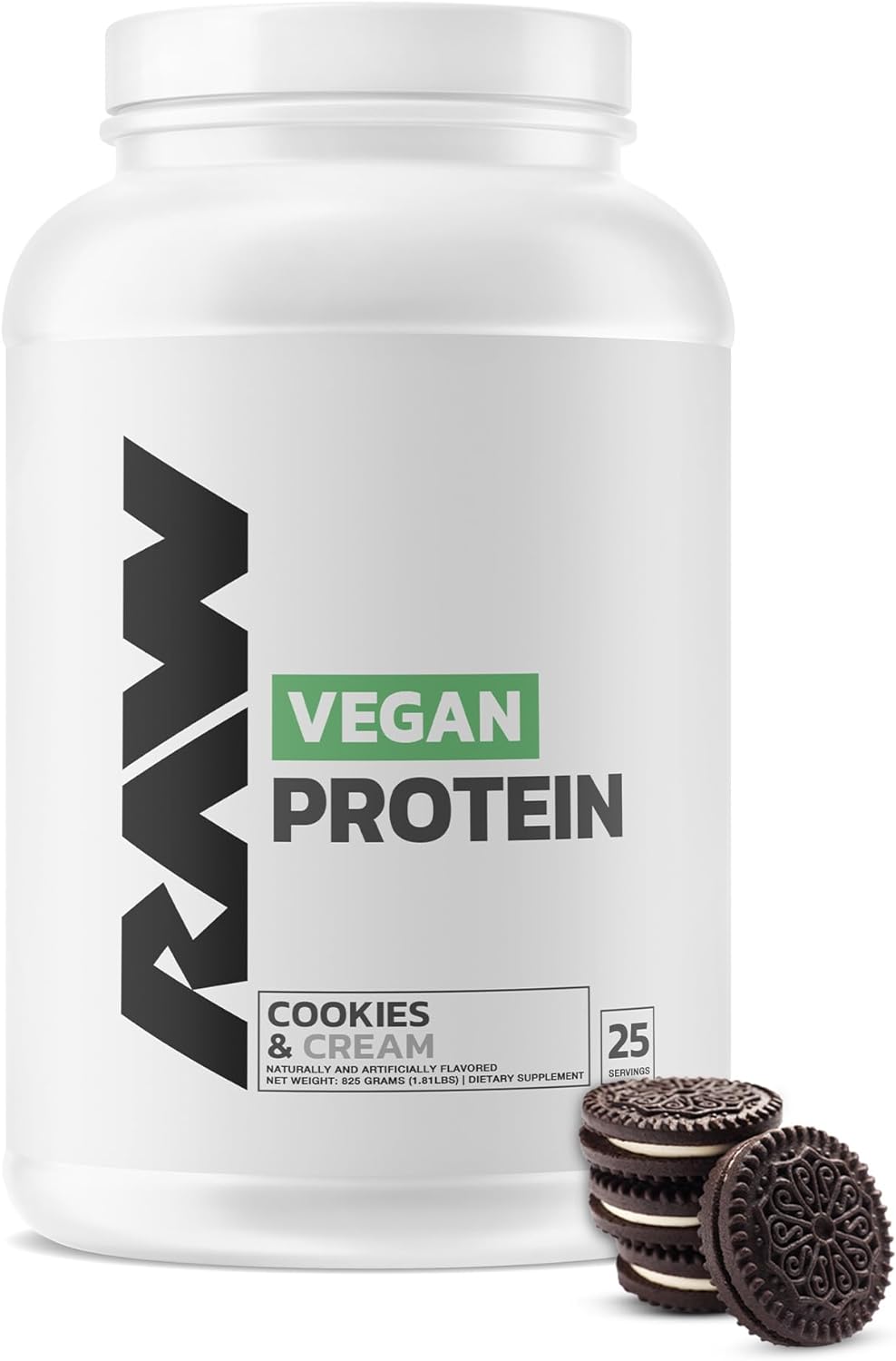 RAW Vegan Protein Powder, Cookies N Cream - 20g of Plant-Based Protein Powder & Fortified with Vitamins for Muscle Growth & Recovery - Low-Fat, Low Carb, Naturally Flavored & Sweetened - 25 Servings