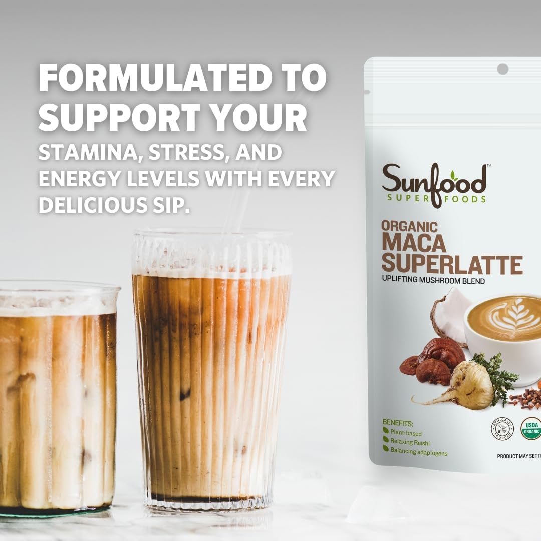 Sunfood Superfoods Maca Superlatte Powder Drink Mix with Reishi Mushrooms and Gelatinized Maca | 6oz Bag | Organic, Non-GMO, Vegan : Grocery & Gourmet Food