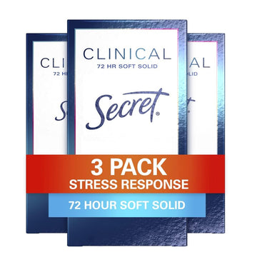 Secret Clinical Strength Antiperspirant And Deodorant Women, Soft Solid Stress Response, 72Hr Sweat Protection, Ph Balancing Minerals, 1.6 Oz (Pack Of 3)