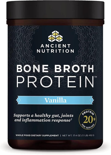 Ancient Nutrition Protein Powder Made From Real Chicken And Beef Bone Broth, Vanilla, 20G Protein Per Serving, 20 Serving Tub, Gluten Free Hydrolyzed Collagen Peptides Supplement