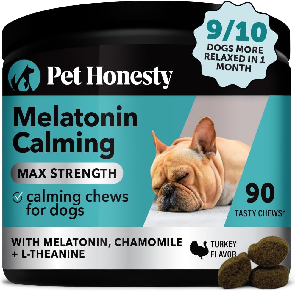 Pet Honesty Calming Melatonin For Dogs - Natural Dog Anxiety Relief With Chamomile + L-Theanine, Soft Calming Chews For Dogs Helps Aid With Stress, Thunder, Fireworks, Chewing, Barking (90 Count)