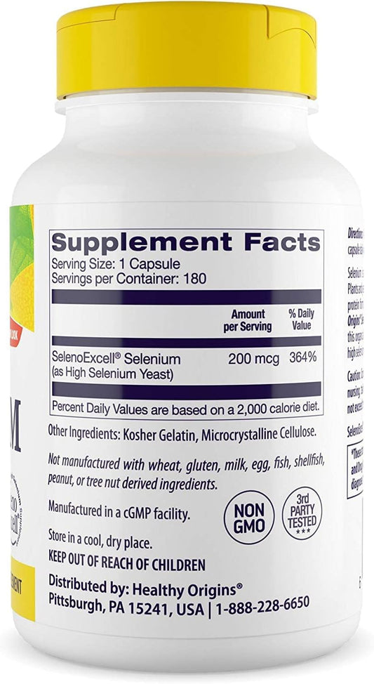 Healthy Origins Seleno Excell Selenium, 200 mcg - Selenium Supplement for Bladder Support - Selenium Pill for Immune System and Cellular Health - Trace Mineral Supplement - 180 Capsules