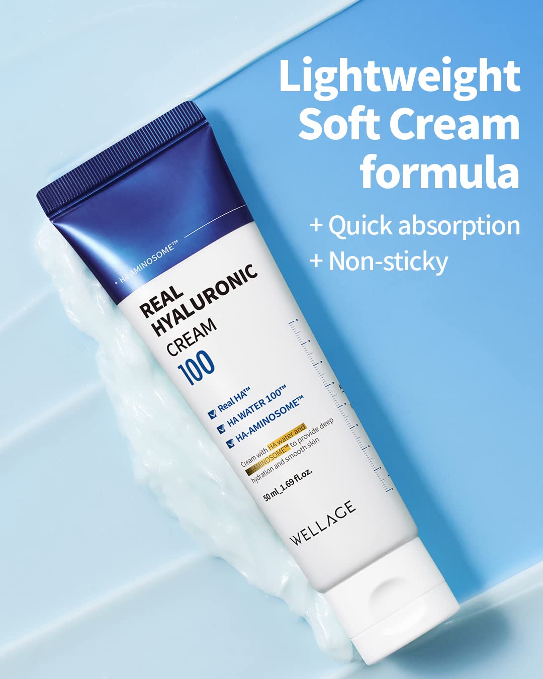 Wellage Real Hyaluronic Cream 100-100% Pure Hyaluronic Acid Face Moisturizer - Powerful Moisturizing & Firming For Dry Skin - Lightweight Gel Cream, 2.7Oz