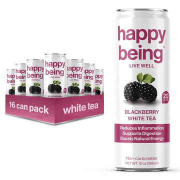 Happy Being Nutrient-Rich Organic Blackberry Citrus White Tea – Infused With Turmeric, Elderberry, Vitamin D3, Caffeine Free, Plant-Based, Low Calorie & Low Sugar Drinks, 12Oz (16 Pack)