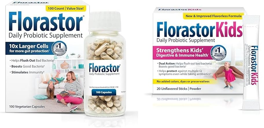 Florastor Family Probiotic Bundle - 100 Ct. Probiotic For Digestive & Immune Health For Men & Women + 20 Ct. Kids Daily Probiotic, Unflavored Powder Sticks - Boost Good Bacteria & Flush Out The Bad