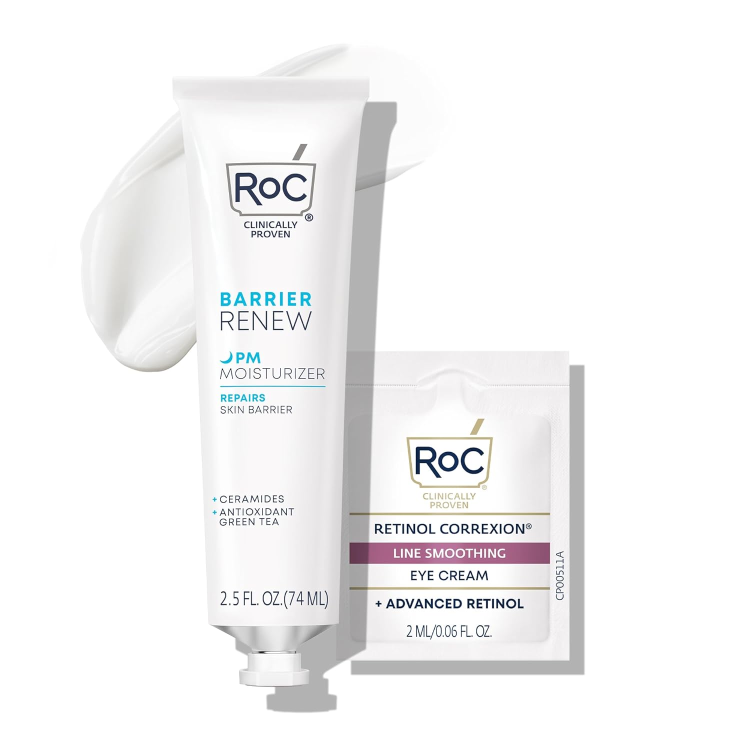 Roc Barrier Renew Night Moisturizer With Ceramides & Antioxidant Green Tea And Lipo Peptides To Renew Skin Barrier, (2.5 Oz) With Retinol Eye Cream Packette