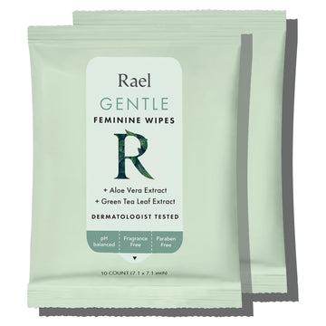 Rael Feminine Wipes, Flushable Wipes pH Balanced - Travel Size, All Skin Types, Paraben Free, Daily Use (10 Count, Pack of 2)