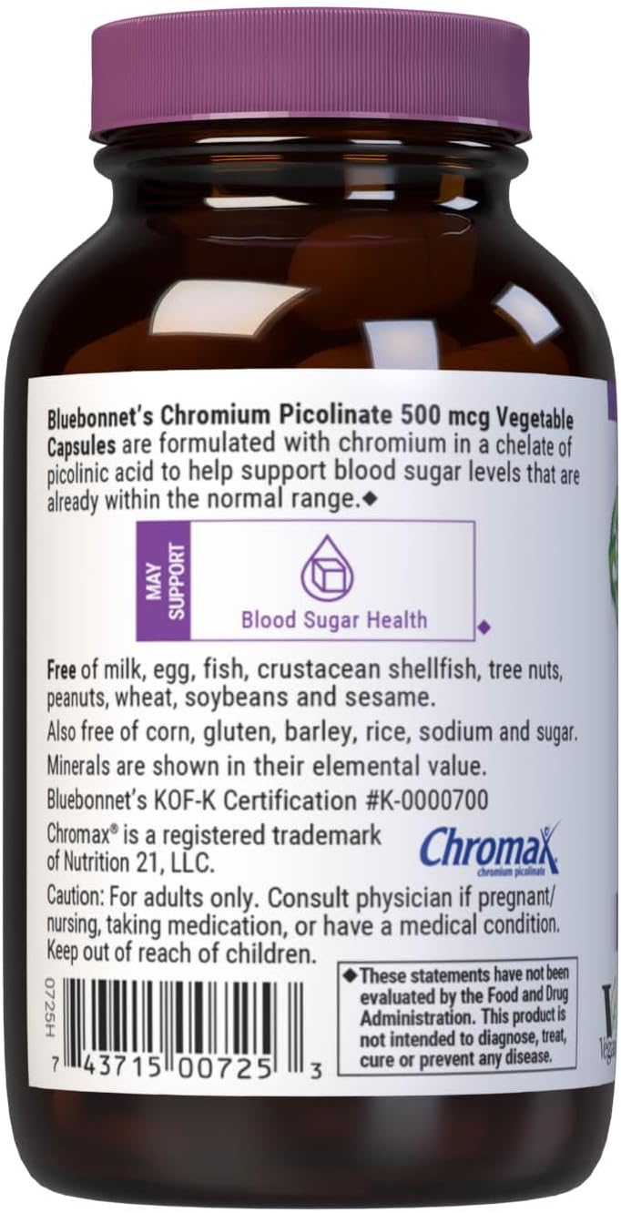 BlueBonnet Nutrition Chromium Picolinate, Soy, Gluten & Dairy Free, Non-GMO, Kosher Certified, Vegan, 500 mcg, 100 Count : Health & Household