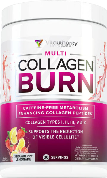 Multi Collagen Burn: Hydrolyzed Protein Peptides With Hyaluronic Acid, Vitamin C, Sod B Dimpless, Types I, Ii, Iii, V And X, Caffeine-Free Strawberry Lemonade Flavored 30 Servings