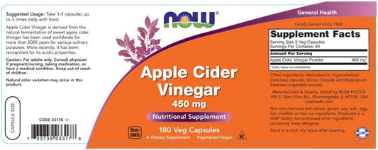 Now Foods Supplements, Apple Cider Vinegar 450 Mg, Derived From Fermentation Of Sweet Apple Cider, 180 Veg Capsules