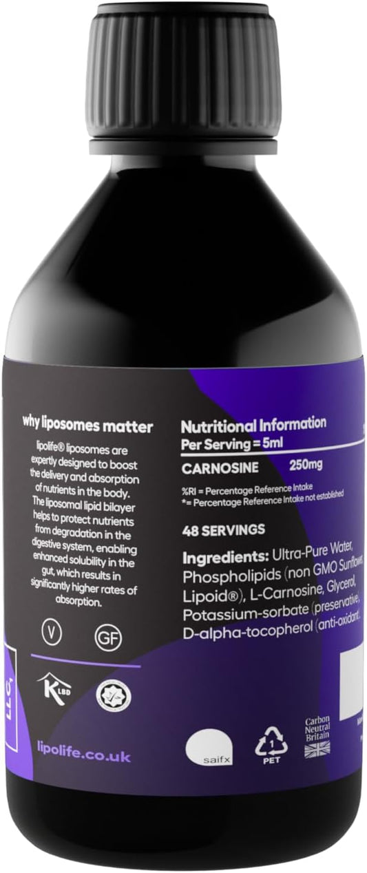 Liposomal Carnosine. Unflavoured Liquid, Gluten Free, Vegan. Advanced Antioxidant With Higher Absorption. 240Ml. Lipolife Llc1