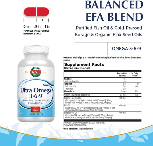 Kal Ultra Omega 3-6-9 1200Mg | Fish Oil W/Cold Pressed Flaxseed & Borage Oil | Skin, Hair, Heart, Memory | 200 Softgels