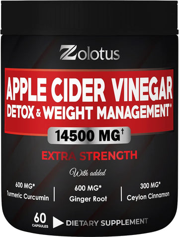 Zolotus 14x Strength Apple Cider Vinegar Capsules, Equivalent to 14500mg, with Turmeric, Cinnamon, Milk Thistle, Elderberry, Quercetin, Best Supplement for Keto, Detox & Weight Management (60 Caps)