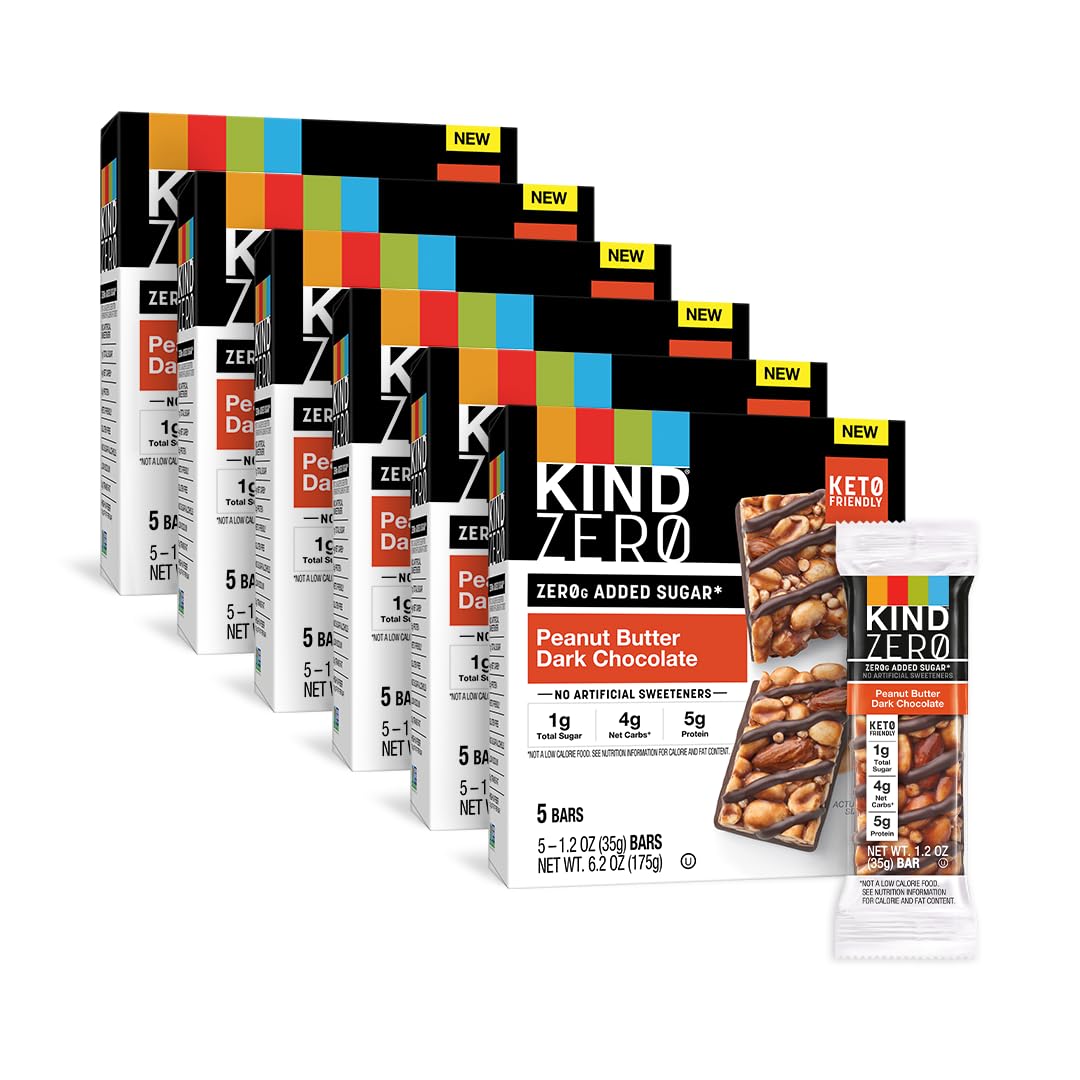 Kind Zero Added Sugar Bars, Keto Friendly Snacks, Peanut Butter Dark Chocolate, 6.2Oz Box (30 Bars)