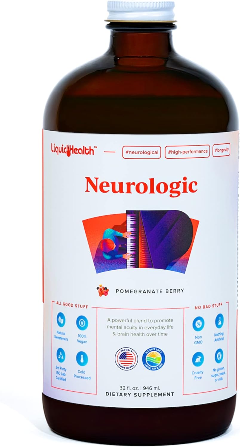 LIQUIDHEALTH 32 Oz Liquid Neurologic Focus Supplement, Nootropic for Cognitive Function, Brain Supplement for Memory & Focus, Brain Booster, Ginkgo Biloba, Choline, L-Theanine & Phosphatidylserine