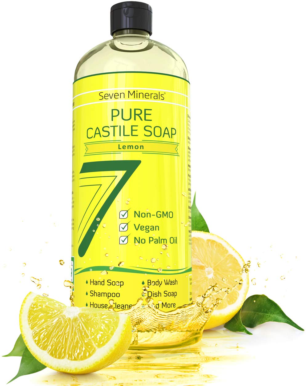Pure Castile Soap, Lemon - No Palm Oil, GMO-Free - Gentle Liquid Soap For Sensitive Skin & Baby Wash - All Natural Vegan Formula with Organic Carrier Oils (33.8 fl oz)